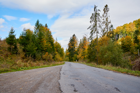 Mountain road lanscape with clouds and colorful trees. Alps.の写真素材