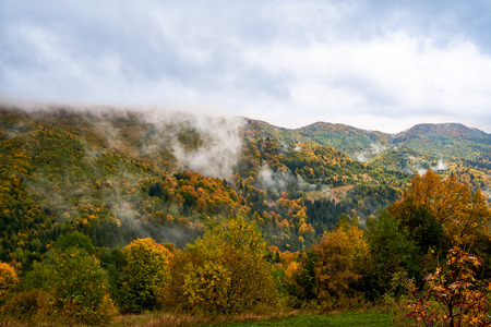 Mountain landscape with clouds and colorful trees. Alps.の写真素材