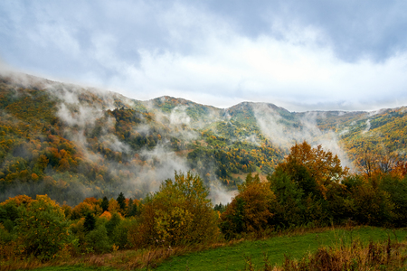 Mountain landscape with clouds and colorful trees. Alps.の写真素材