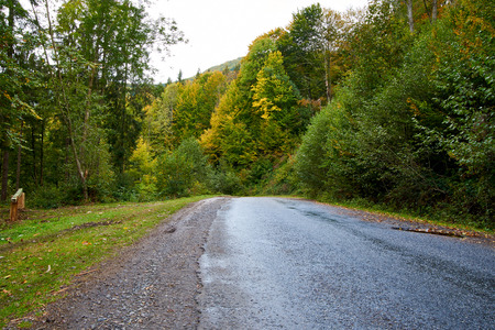 Mountain road lanscape with clouds and colorful trees. Alps.の写真素材