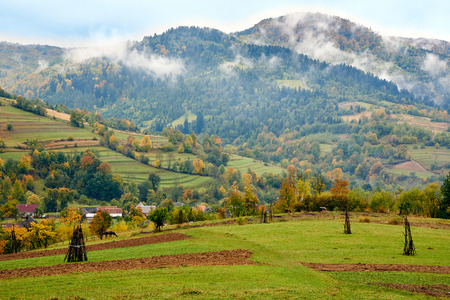 Mountain landscape with clouds and colorful trees. Alps.の写真素材