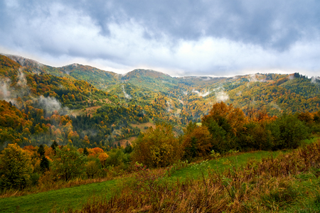 Mountain landscape with clouds and colorful trees. Alps.の写真素材