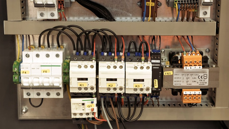 Electric box with wires and power fuse switches. Safe electrical power supply.
