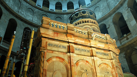 Jerusalem, Israel - May 25, 2017: Jesus Christ Empty tomb and Dome rotunda over it in Jerusalem in the Holy Sepulcher Church. The Sepulchre Church and Empty Tomb are the most sacred places for all Christians on the planet.のeditorial素材