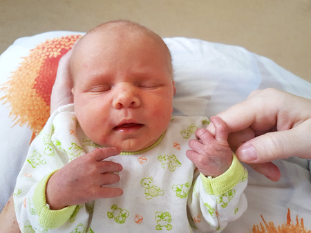 New born sweet baby holding mother handの写真素材