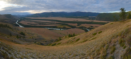 Beautiful sunset above Argut River Valley, Altai Republic, Russiaの写真素材