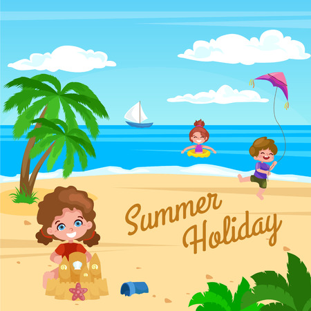 summer holidays illustration, kids on the beach.kids beach summer, kids beach seaのイラスト素材