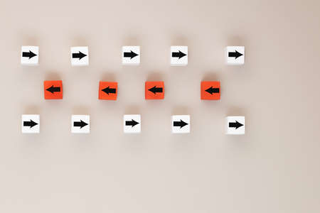 Top view The red and white cubes move in opposite directions to adjust to the change or the concept of the leader and transformation. Different thinkingの写真素材