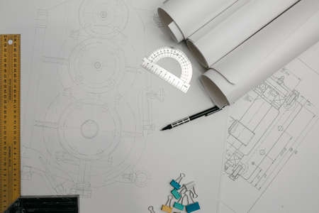 Engineering drawings, protractor, notebook, term paper or diploma project. Applied mechanicsの写真素材