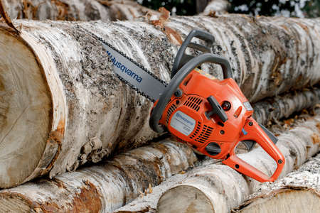 KIROV, Russia - 09.10.2020. Husqvarna 236 Chainsaw. Man saws a log with a chainsaw, prepares firewood for winter, hard rural workのeditorial素材