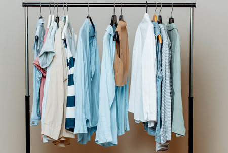 Assorted casual shirts and blouses hanging on a black clothing rack against a neutral wall,...