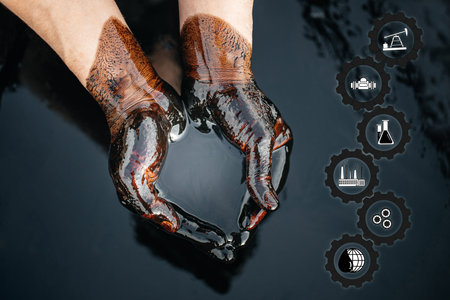 Hands covered in black oil hold clear water above dark surface, with icons representing industry, science, and environment visible on the right side of the imageの写真素材