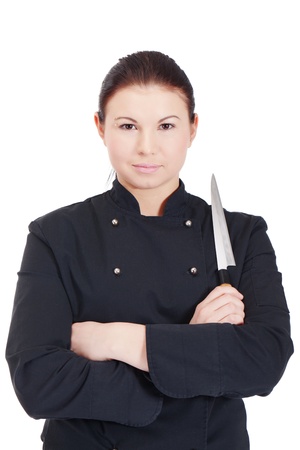 Master chef with a knife in a black jacketの写真素材