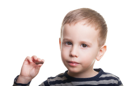 Boy on isolated white asks whenever you took your medicine todayの写真素材