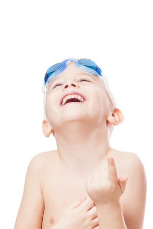 Smiling young swimmer on isolated whiteの写真素材