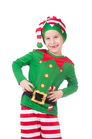 Funny and adorable elf grimacing on isolated whiteの写真素材