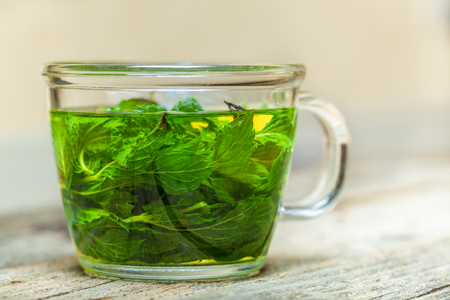 Freshly made mint tea on the wooden tableの写真素材