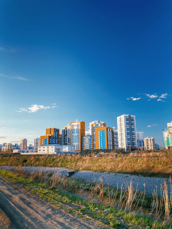 Spring town under the deep skyの写真素材