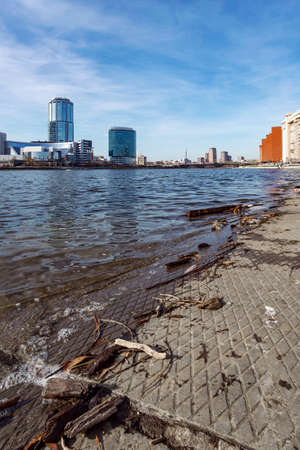 More fun river with dry concreteの写真素材
