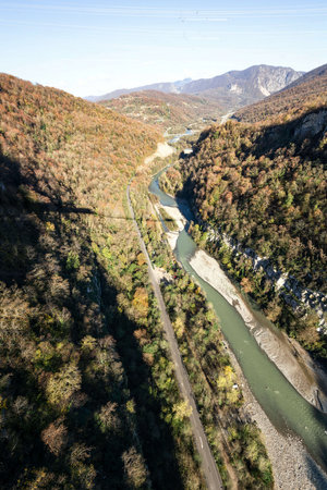 view of the valley of the Mzymta river with built structures in Adlerの写真素材
