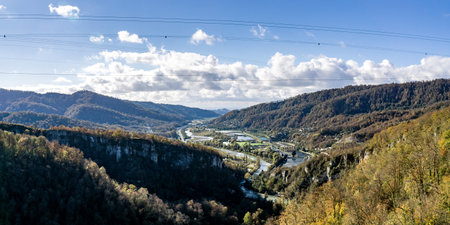 view of the valley of the Mzymta river with built structures in Adlerの写真素材
