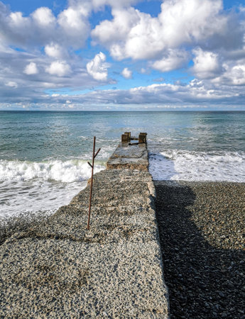 An old breakwater in seaweed on the background of a sea sunset in Adlerの写真素材