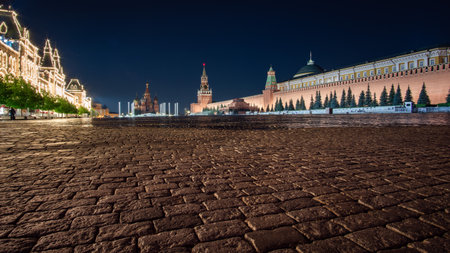 view of red square at night without people from the historical museumの写真素材