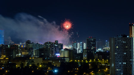 Fireworks on the Victory Day in Yekaterinburg over the cityの写真素材
