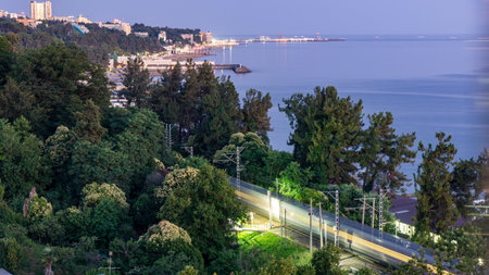 In the distance, there is a large body of water with a city skyline