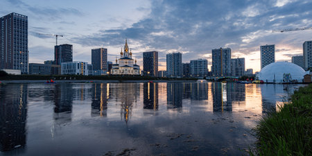 Church builders at sunset against the backdrop of a clear sky 6の写真素材