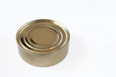 Closed sprats can on white backgroundの写真素材