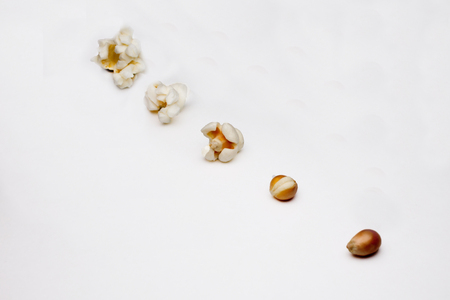 stages of preparation of popcorn on a white backgroundの写真素材