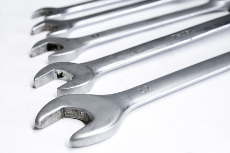 open wrenches closeup on white backgroundの写真素材