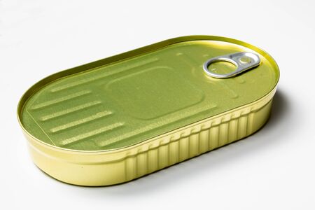 Closed sprats can on white backgroundの写真素材