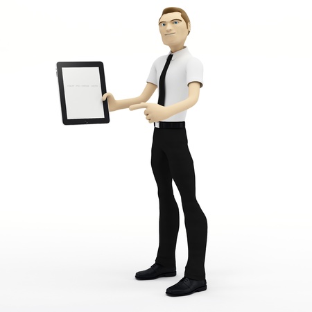 3D Businessman holding blank tablet pc. Advertising concept