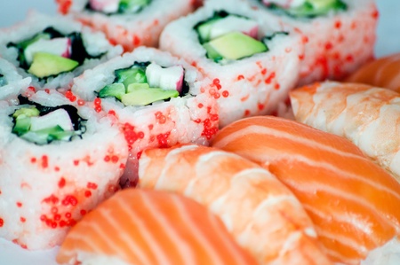 California maki and sushi close up. Possible to use as a background.の写真素材