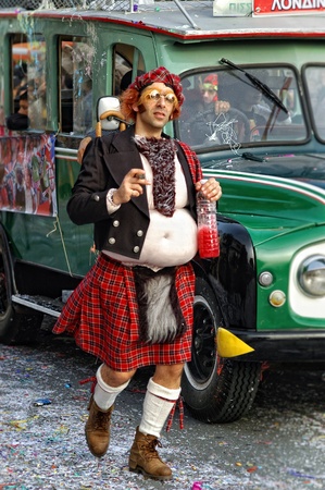 LIMASSOL - FEBRUARY 14: Portrait of senior man disguised as Scotsman at Limassol carnival at Carnival Parade on February 14, 2010 in Limassol, Cyprus.のeditorial素材