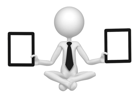 Businessman meditating with two tablet computers. Isolated on whiteの写真素材