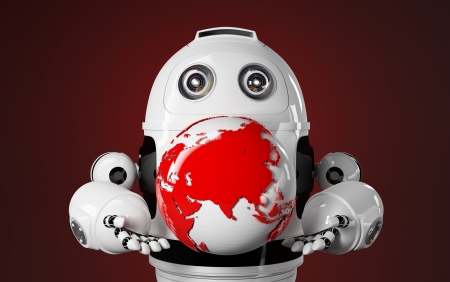 Robot holds red earth globe. Technology conceptの写真素材