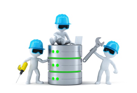 Group of technicians with data base. Technology concept. Isolated