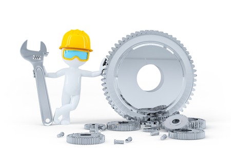 Construction worker with wrench and gears. Isolated on white backgroundの写真素材
