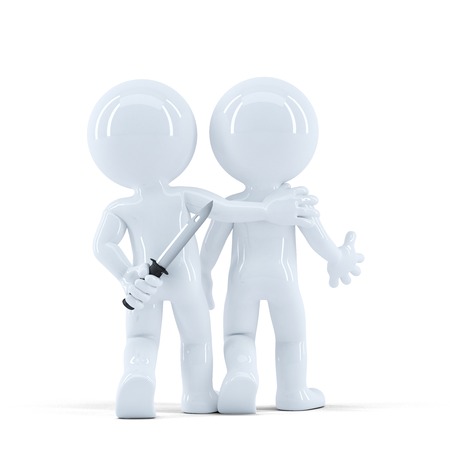 Businessman hiding a knife behind his back. Unfair business concept. Isolatedの写真素材