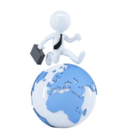 Businessman running around a globe  の写真素材