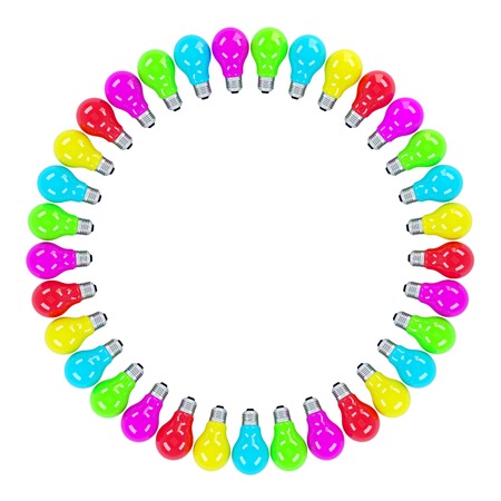 Colorful light bulbs forming a frame. Isolated. Contains clipping pathの写真素材