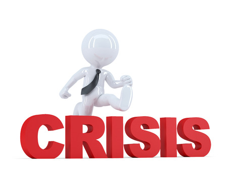 Businessman jumping over 'crisis' sign. Isolated. Contains clipping pathの写真素材