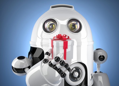 Robot with tiny gift box. Isolated on white. Contains clipping pathの写真素材