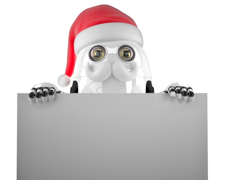 Robot Santa holding a blank sign. Isolated on white. Contains clipping pathの写真素材