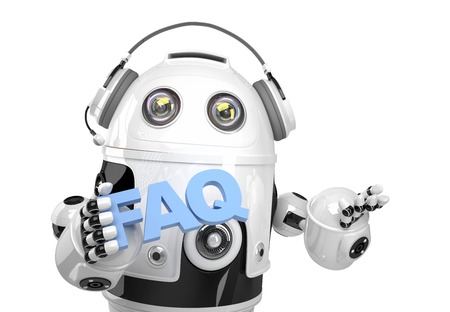 Robot holding FAQs sign. Isolated on white. Contains clipping pathの写真素材