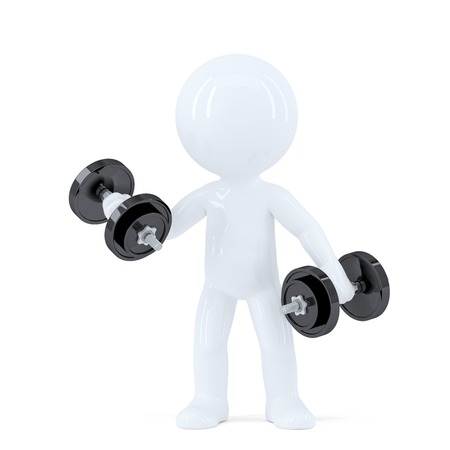 3d man lifting dumbbells. Isolated on white. の写真素材