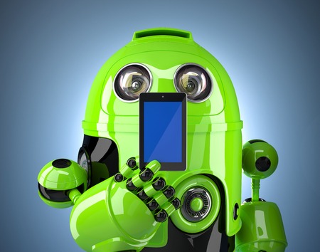 Green robot with phone.の写真素材